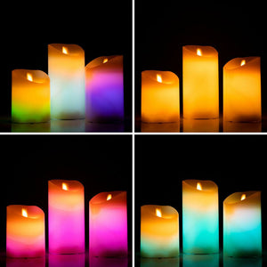 Velas LED multicolor efecto llama con mando - 3 Unidades