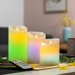 Velas LED multicolor efecto llama con mando - 3 Unidades