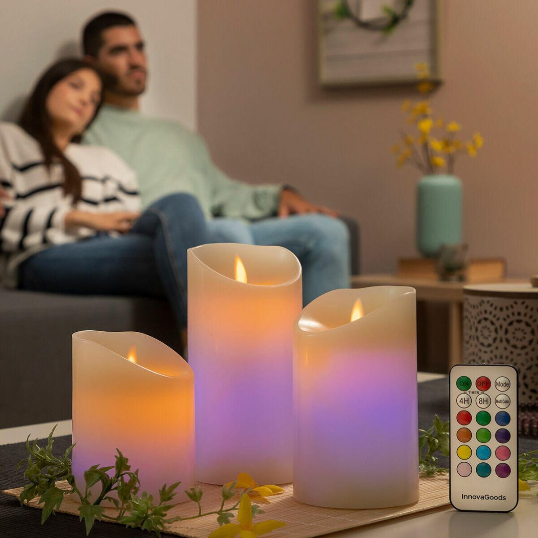 Velas LED multicolor efecto llama con mando - 3 Unidades